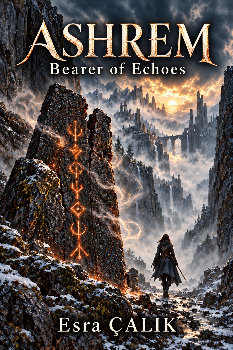 ASHREM: Bearer of Echoes by Esra ÇALIK. A lone hunter walks through a misty mountain pass beside a glowing runestone.